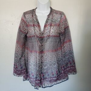 Converse XS Chiffon Semi-sheer Long Sleeve Shirt Button Up Paisley Pattern Top